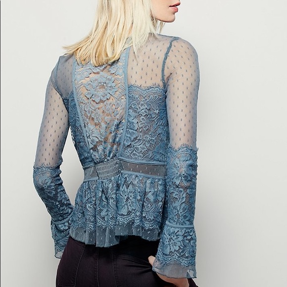 Free people lace and sheer blouse size x small dusty blue - Picture 2 of 10
